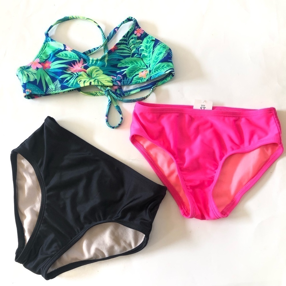 Bundle 3Pc Art Class Cat & Jack Tropical Bralette Pink Black Bikini Bottoms Set